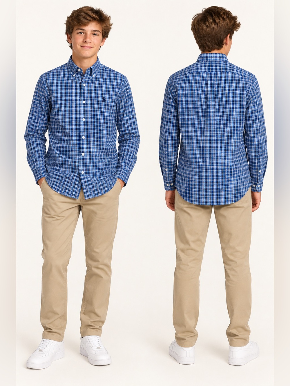 Polo Ralph Lauren Boys L 14-16 Blue Plaid Cotton Button Down Shirt